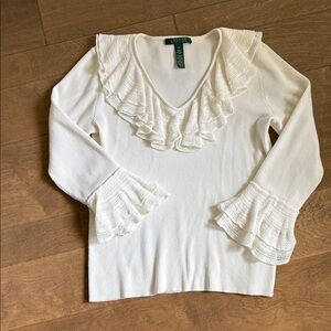 Lauren Ralph Lauren Cream Ribbed Sweater Top Ruffle Lace Collar & Cuff Medium